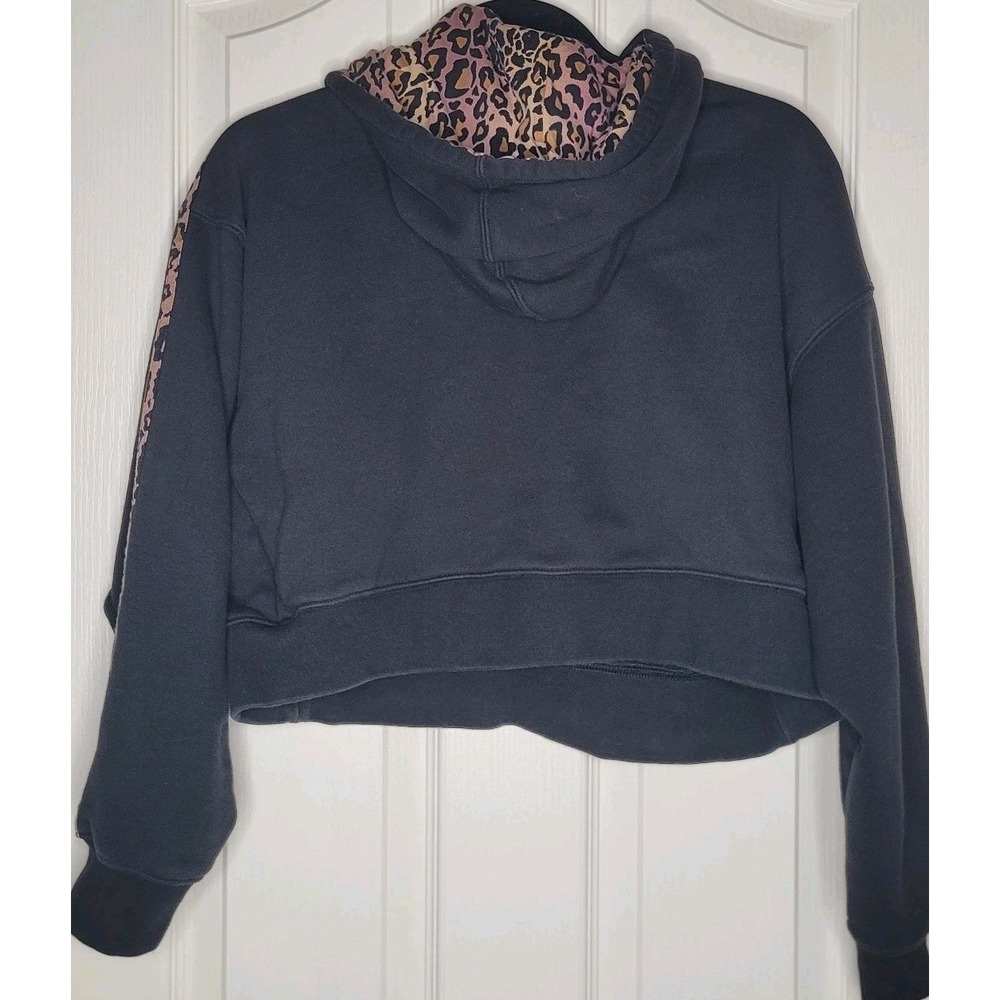 adidas Originals Gold Logo Women's Cropped Hoodie Black Leopard Print Fleece M - Picture 2 of 9